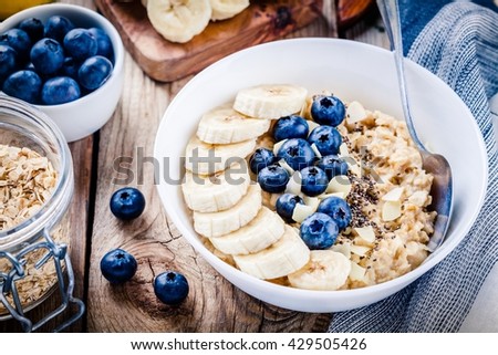 Breakfast: oatmeal with bananas, blueberries, chia seeds and almonds. Selective focus