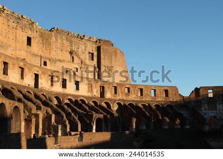 26 December 2014 Rome, Italy - Colosseum, elliptical Flavian amphitheatre largest in Roman Empire built in 80AD by Emperor Vespasian