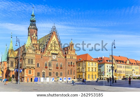 WROCLAW, POLAND - CIRCA AUG 2014:The Old Town Hall, east elevation. The town hall was developed from the end of 13 th century to the middle of 16 th century. Today is used for civic and cultural events.
