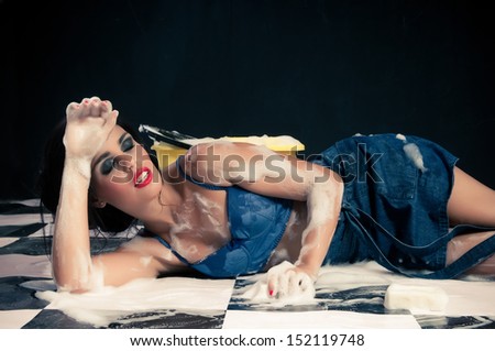 woman tired after home work or washing the floor