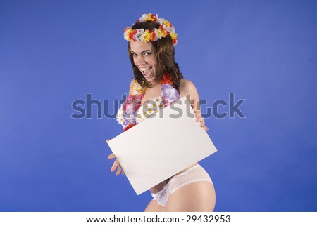 beautiful young hawaiian tropical woman isolated in blue
