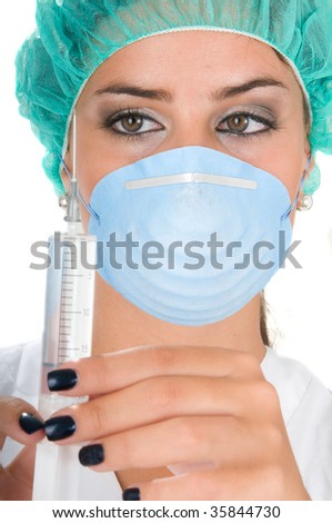 female doctor with operation or investigation dress and syringe
