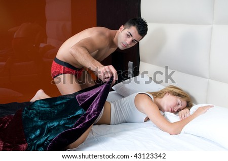 beautiful woman sleeping on bed and silence man