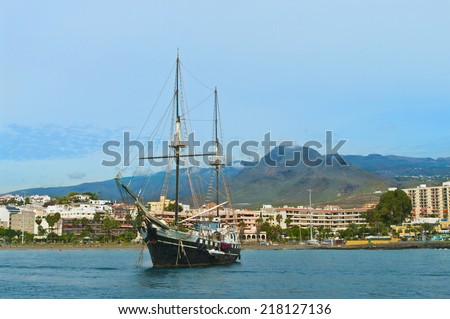 tourist pirate ship anchored near las americas beach, tenerife, canary islands