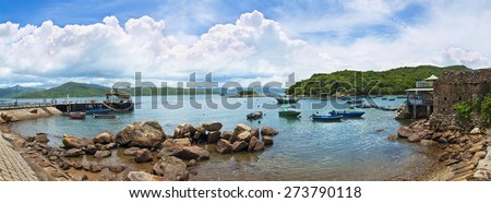 panoramic view of small fishing village near Hong Kong on sunny day