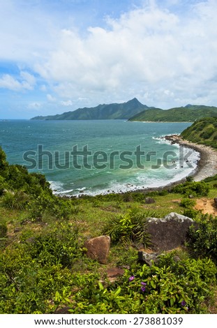 view of one of Hong Kong tropical  islands\' coast with rocks and plants in foreground and mountains at background