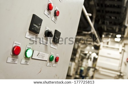 Control panel in main engine room of a extra large cargo ship