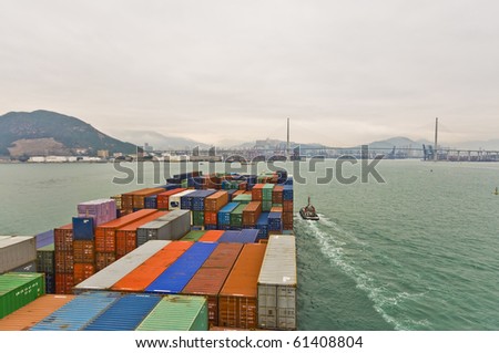 large container ship approaching Stone cutters Bridge, Rambler Channel, HONGKONG