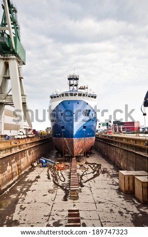 A ship in a dock in Denmark, Frederikshavn. X Bow design type offshore vessel