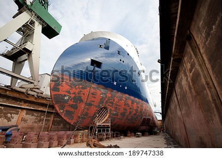 A ship in a dock in Denmark, Frederikshavn. X bow offshore type design. Bow thruster fitted in the front