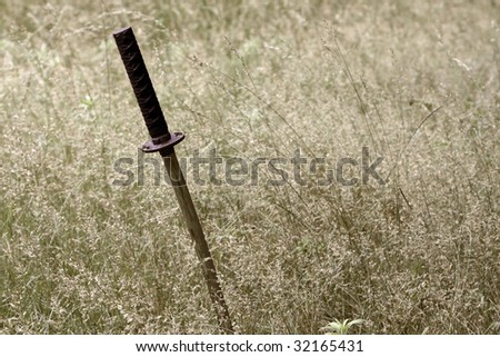 Samurai sword or katana stuck in the ground in a field