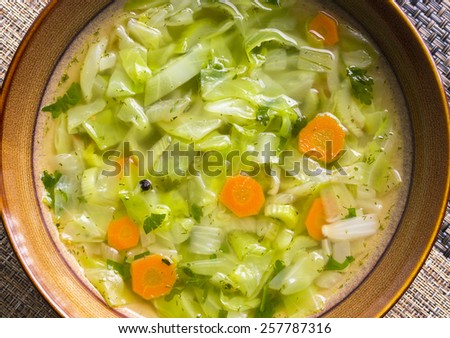 Plate of cabbage soup with celery. Vegetarian diet meal. Selective focus