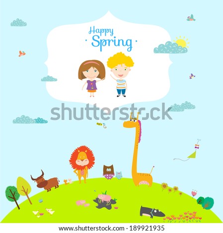 Vector happy birthday card in a vintage hipster style with place for text Bright background with cute and funny animals and children Spring season Vector happy birthday card in a vintage hipster style with place for text Bright background with cute and funny animals and children Spring season