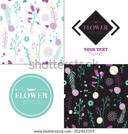 Collection of floral seamless pattern with flowers labels and bouquets in vector. Vintage romantic floral set. Stylish illustration in bright colors can be used like happy birthday or wedding card.