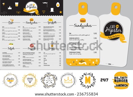 Big set of restaurant and cafe menu design, template design in vector. Cooking frames, labels and graphic elements in hipster style design. Vintage-styled illustration. Fast Food.