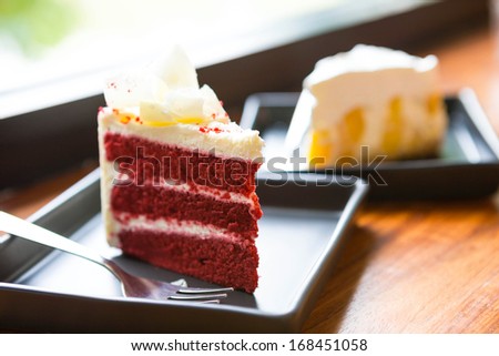 red velvet with mango cake