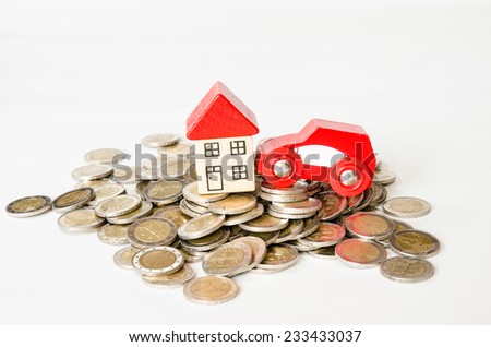 coins in pile and house, car isolated image
