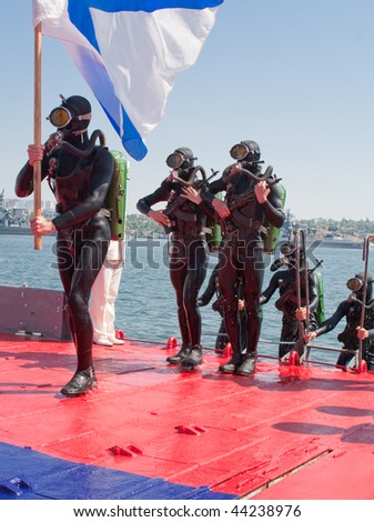 SEVASTOPOL, UKRAINE - JULY 29: Russian frogmen participate in a naval show on Russian Navy Day on July 29, 2007 in Sevastopol, Ukraine.