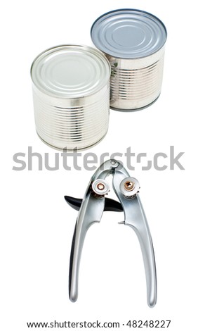 Metal cans and can-opener isolated on white background