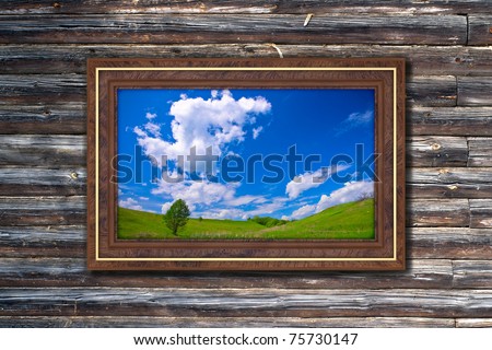 Photo in modern frame on the old wooden wall