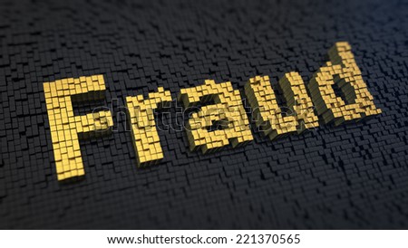 Word \'Fraud\' of the yellow square pixels on a black matrix background. Digital security concerns