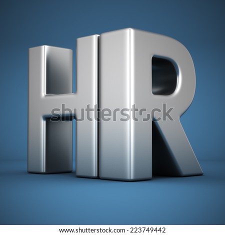 Big metal letters HR on blue background. Human resources department