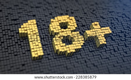 Digits \'18 plus\' of the yellow square pixels on a black matrix background. Age restrictions concept.
