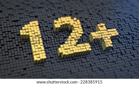 Digits \'12 plus\' of the yellow square pixels on a black matrix background. Age restrictions concept.