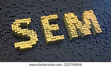 Acronym \'SEM\' of the yellow square pixels on a black matrix background. Search engine concept.
