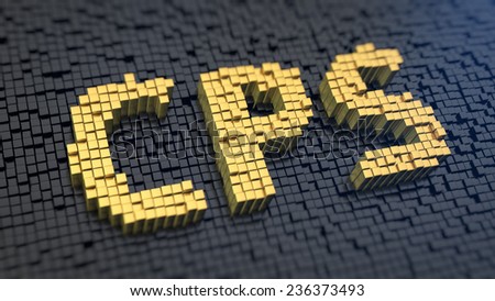 Acronym \'CPS\' of the yellow square pixels on a black matrix background. Advertising sale model