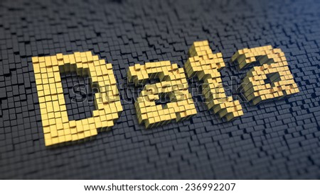 Word \'Data\' of the yellow square pixels on a black matrix background. Database concept.
