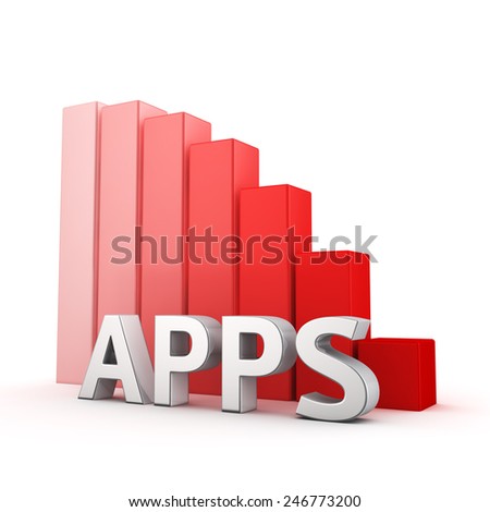 Moving down red bar graph of Apps on white. Recession and crisis concept.