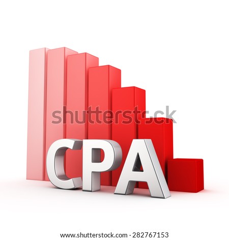 Moving down red bar graph of CPA on white. Affiliate marketing decrease concept.