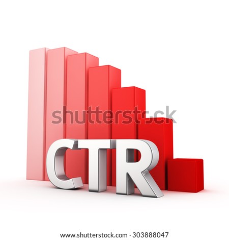 Moving down red bar graph of CTR on white. Banner click rate decrease concept.
