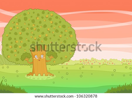 cartoon garden with oak tree