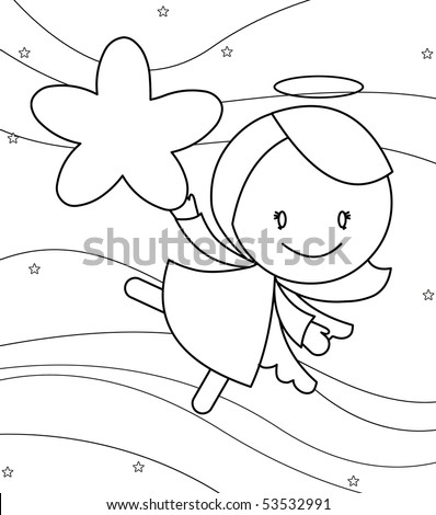 black and white cute little angel girl holding a star - stock photo