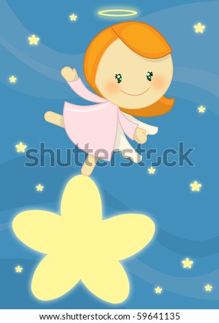 Cute Little Angel Girl Standing On A Bright Star Stock Photo 59641135