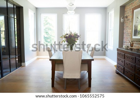 Modern furnished domestic dining room, without people