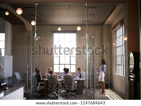 Businesswoman presenting to colleagues at boardroom meeting