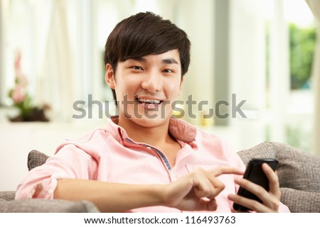 Young Chinese Man Using Mobile Phone On Sofa At Home