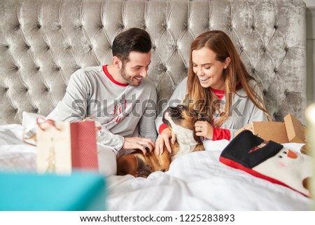 Couple In Bed At Home With Pet Dog Costume Opening Gifts On Christmas Day