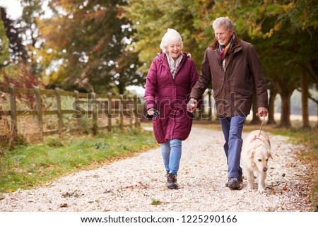 Active Senior Couple On Autumn Walk With Dog On Path Through Countryside
