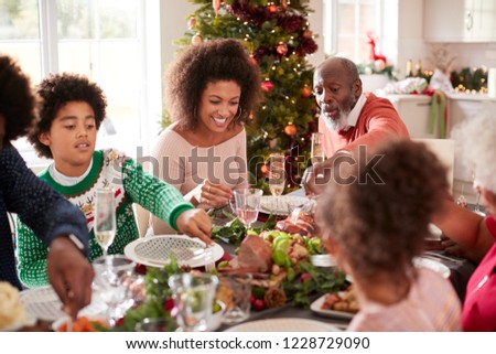 Young black woman eating Christmas dinner with her mixed race multi generation family, close up