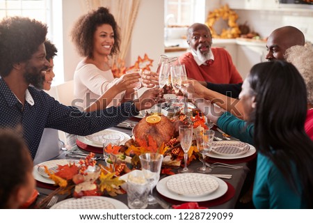 Multi generation mixed race family raise their glasses to make a toast at their Thanksgiving dinner table