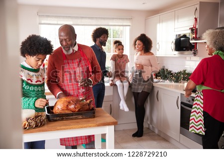 Mixed race, multi generation family gathered in kitchen before Christmas dinner, grandfather and grandson preparing roast turkey in foreground