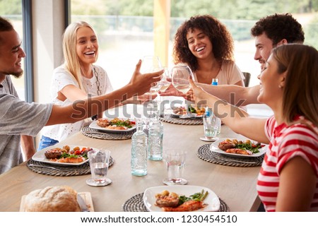 Multi ethnic group of five happy young adult friends laughing and raising glasses to toast during a dinner party