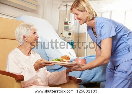 Nurse Serving Meal To Senior Female Patient Sitting In Chair Nurse Serving Meal To Senior Female Patient Sitting In Chair