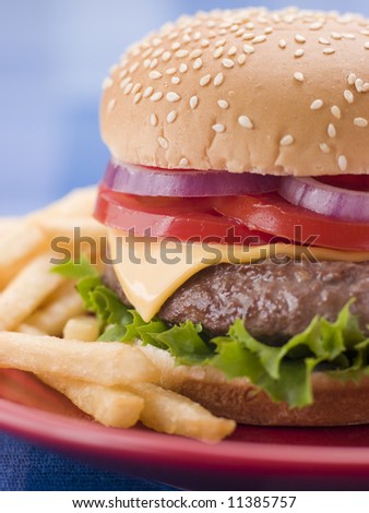 Cheese Burger in a Sesame Seed Bun with Fries