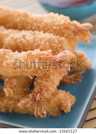 Dish of Deep Fried Breaded Japanese Tiger Prawns with Mirin Chili Dip