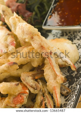 Plate of Tempura of Soft Shell Crab with Chili Sauce and Seaweed salad